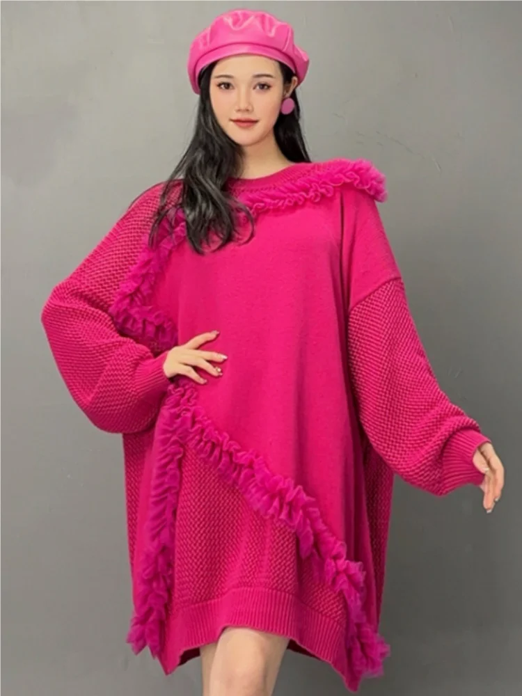 

Vefadisa 2024 Autumn Winter New Red Splicing Ruffled Women Hoodie O-Neck Long Sleeve For Casual Fashion Mid-length Top ZXY1014A