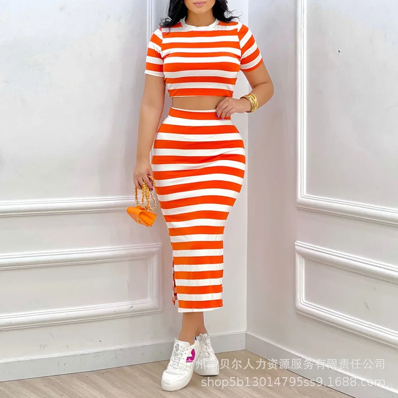 Summer Women\'s Stripe Slim Fit Dress Sets Round Neck Short Sleeved And Skirt Sets For Women 2 Pieces Outfit