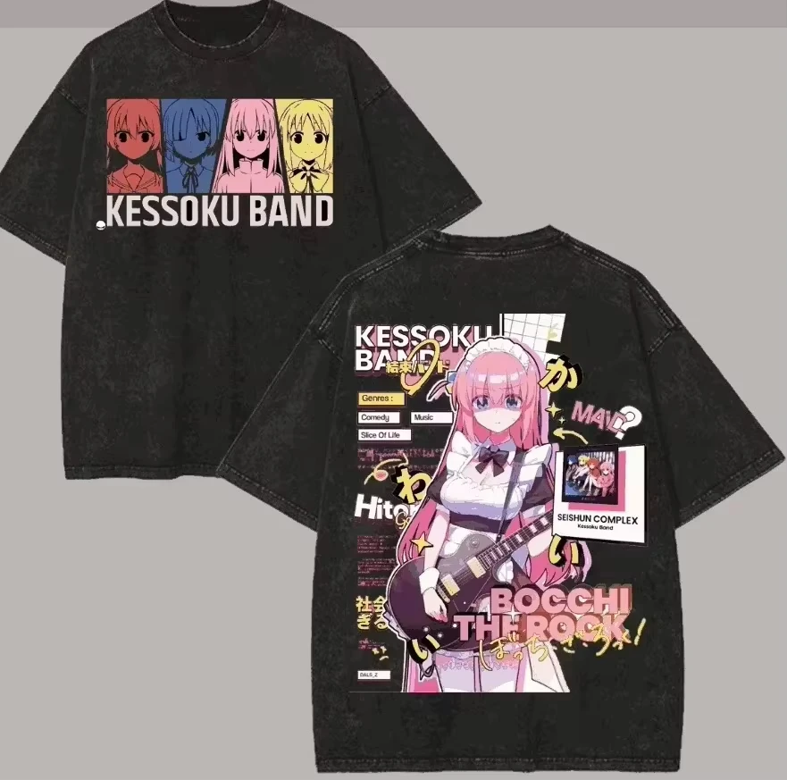 Unisex Vintage Streetwear Summer Washed T-Shirt With Cartoon Print Hitori Gotoh, Kessoku Band From Anime BOCCHI THE ROCK T-shirt