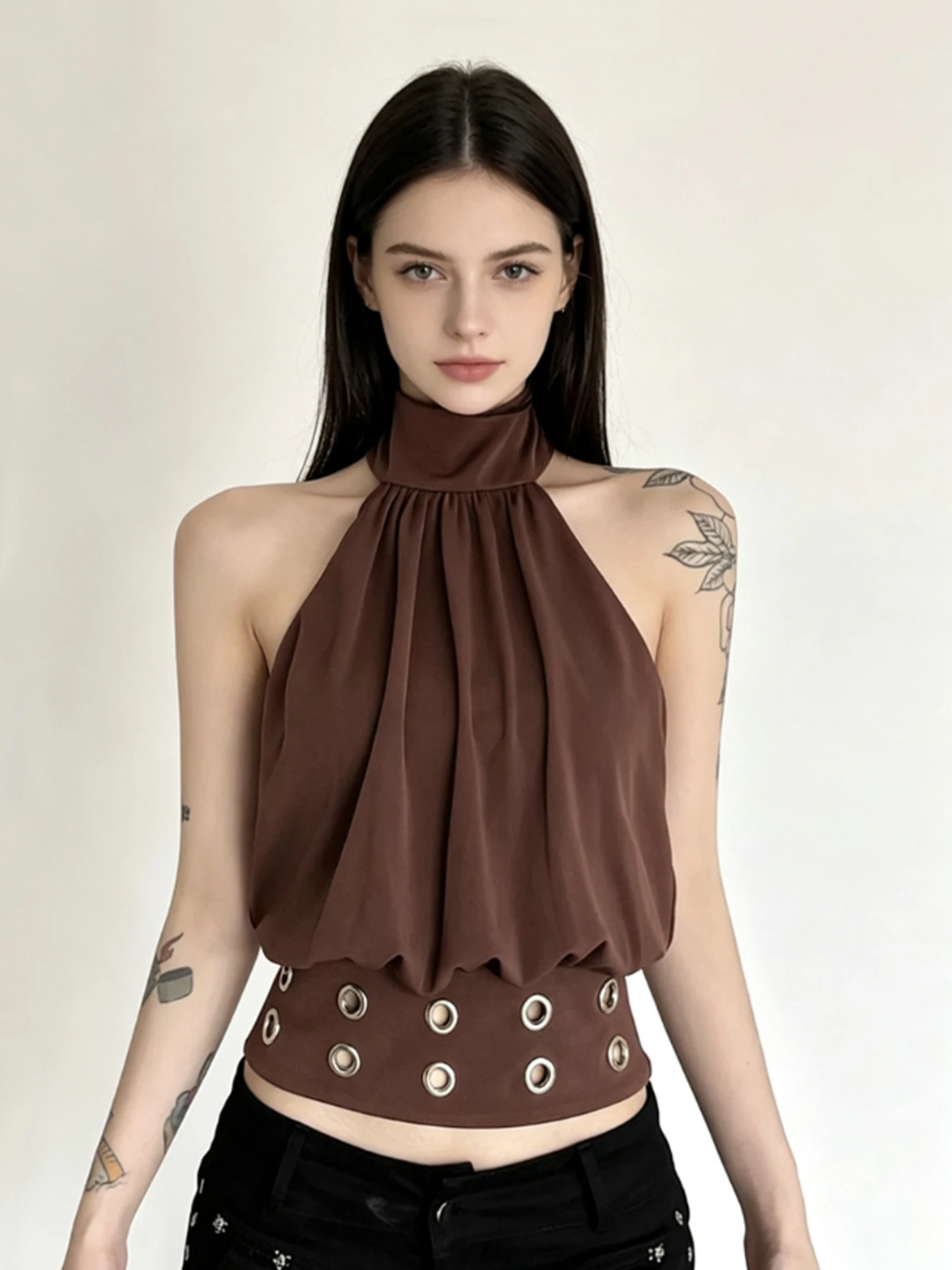 Women's Brown Halter Neck Tank Top Vest Y2K Gyaru Camisole Hollow Out Off Shoulder Sleeveless Turtleneck Cami Top Summer 2026