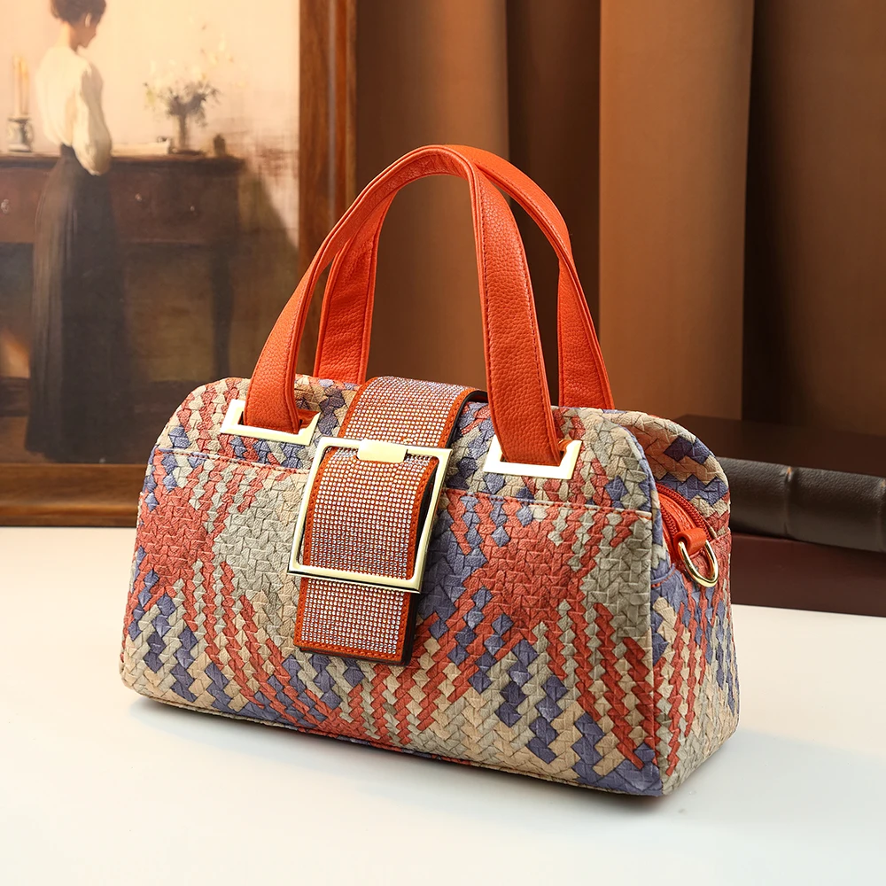 Women's Woven Handbag Ethnic Geometric Pattern Tote Bag Bling Rhinestone Buckle Designer Shoulder Bag Fashion