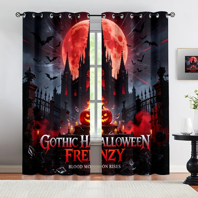 2Pcs Microfiber Halloween Curtains,Multi-Sizes,Easy Hanging,Machine Washable,Gothic Spooky Castle Pumpkin Blood Red Moon Print