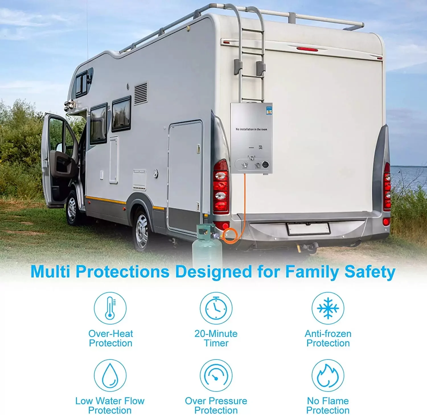 6L 8L 12L 12 KW LPG Tankless เครื่องทำน้ำอุ่น RV & ค่ายโพรเพนแก๊ส CE อนุมัติเครื่องใช้ในบ้าน