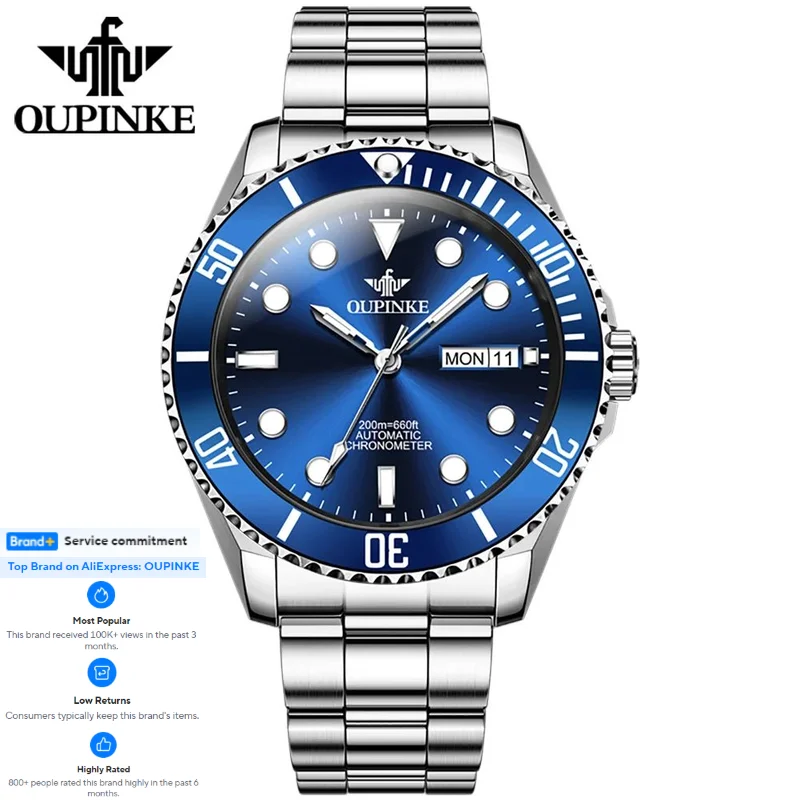 

OUPINKE 3205 Japan Automatic Movement Mechanical Watch Dual Calendar Display Stainless steel Men's Watch