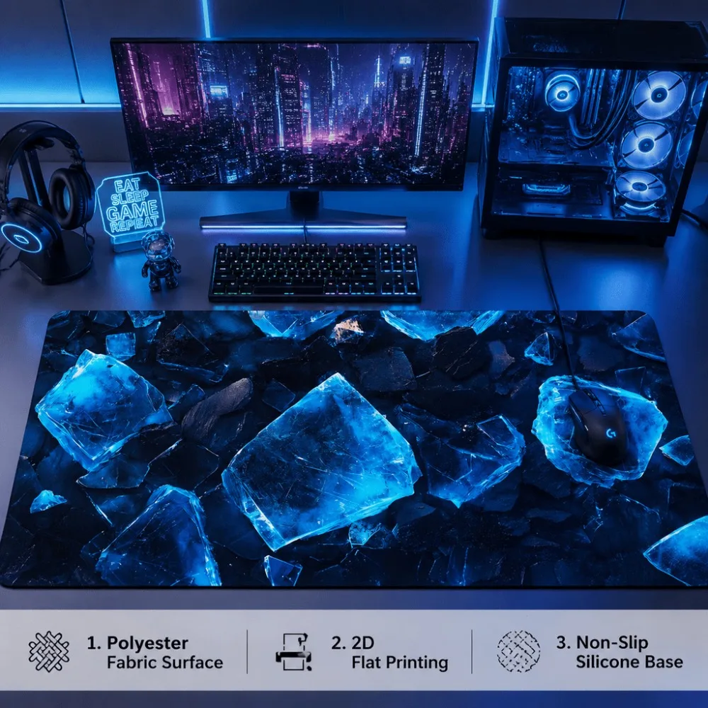 The blue ice crystal printed gaming table mat is suitable for computer gamers and home office users. Its smooth surface
