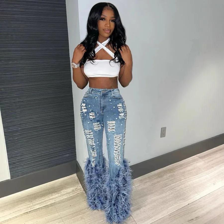 Hoge taille rechte jeans dames rits jeans gewassen denim volledige lengte broek noodlijdende losse zakken vintage veren