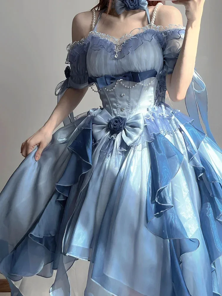 Blue Lolita Dress Heavy Industry Trailing Umbrella Princess Dress for Women Off-the-Shoulder Sweet Bow Irregular Dress