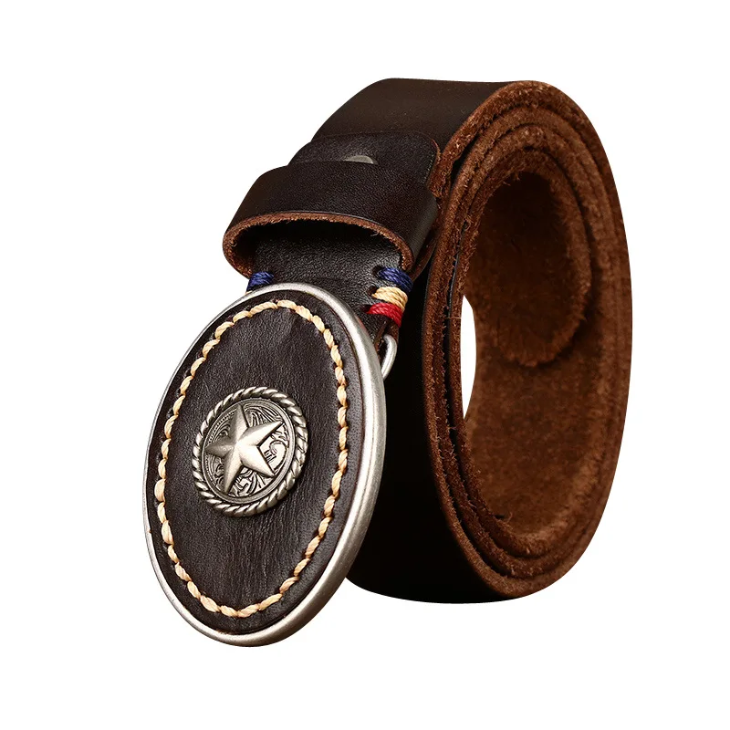 Men's genuine leather belt with top-grain cowhide, smooth buckle and plate buckle, retro style