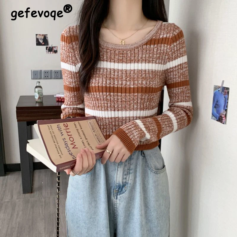 Autumn Women Korean Fashion Striped Sweet Chic Basic Knitted Sweater Y2K Female Casual O Neck Long Sleeve Slim Fit Pullover Tops