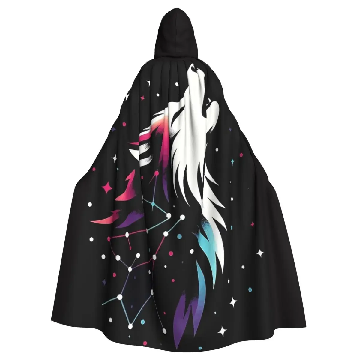 

Красочный длинный плащ с капюшоном «Космический волк», средневековый костюм ведьмы, накидка для косплея, пальто на Хэллоуин для взрослых, унисекс