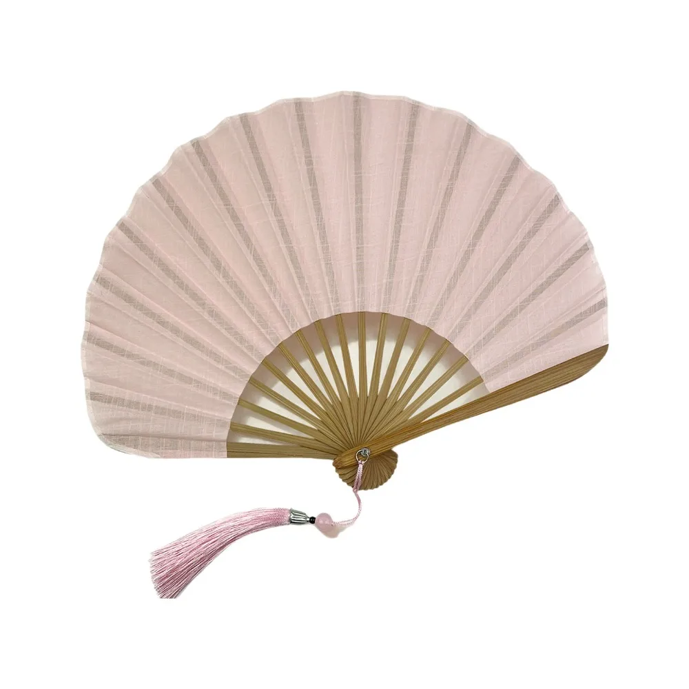 Cotton Linen Cloth Folding Hand Fan Solid Color Bamboo Frame Mini Shell Fan Shell-Shaped with Tassel Retro Handheld Fan