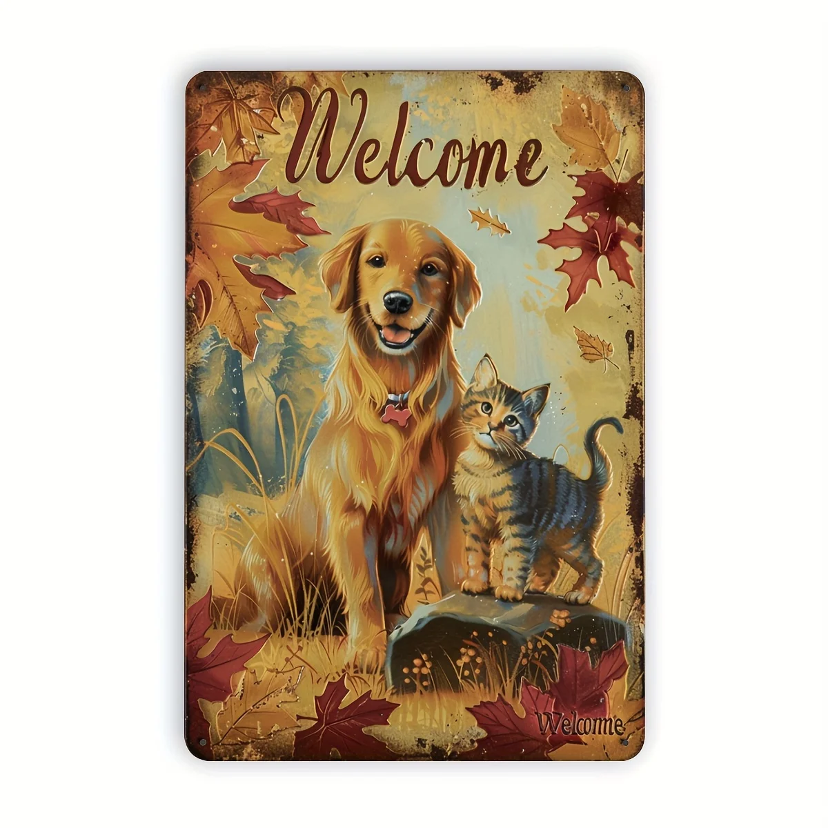 Charming Vintage Welcome Sign with Puppy & Cat Design - Durable Metal Tin Art for Home, Pet Shops, Cafes, and Youngsters' Roo