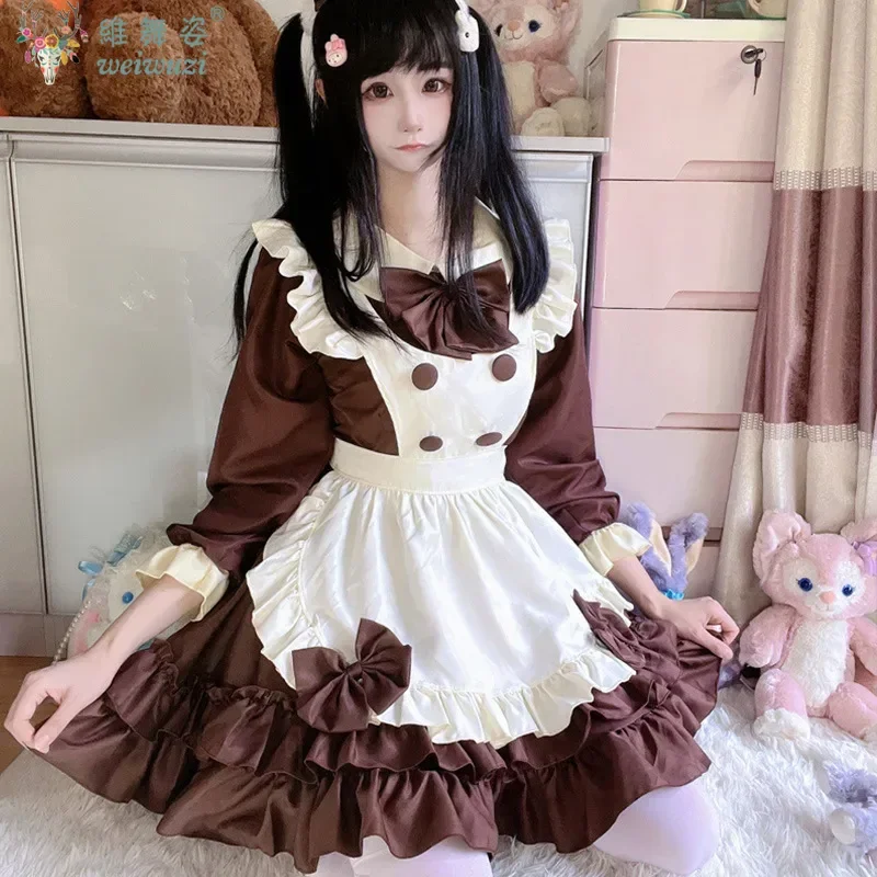 

New Dress Brown Bow Lolita Sweet Dress French Maid Chocolate Maid Cafe Dress Cosplay Halloween Costumes for Women