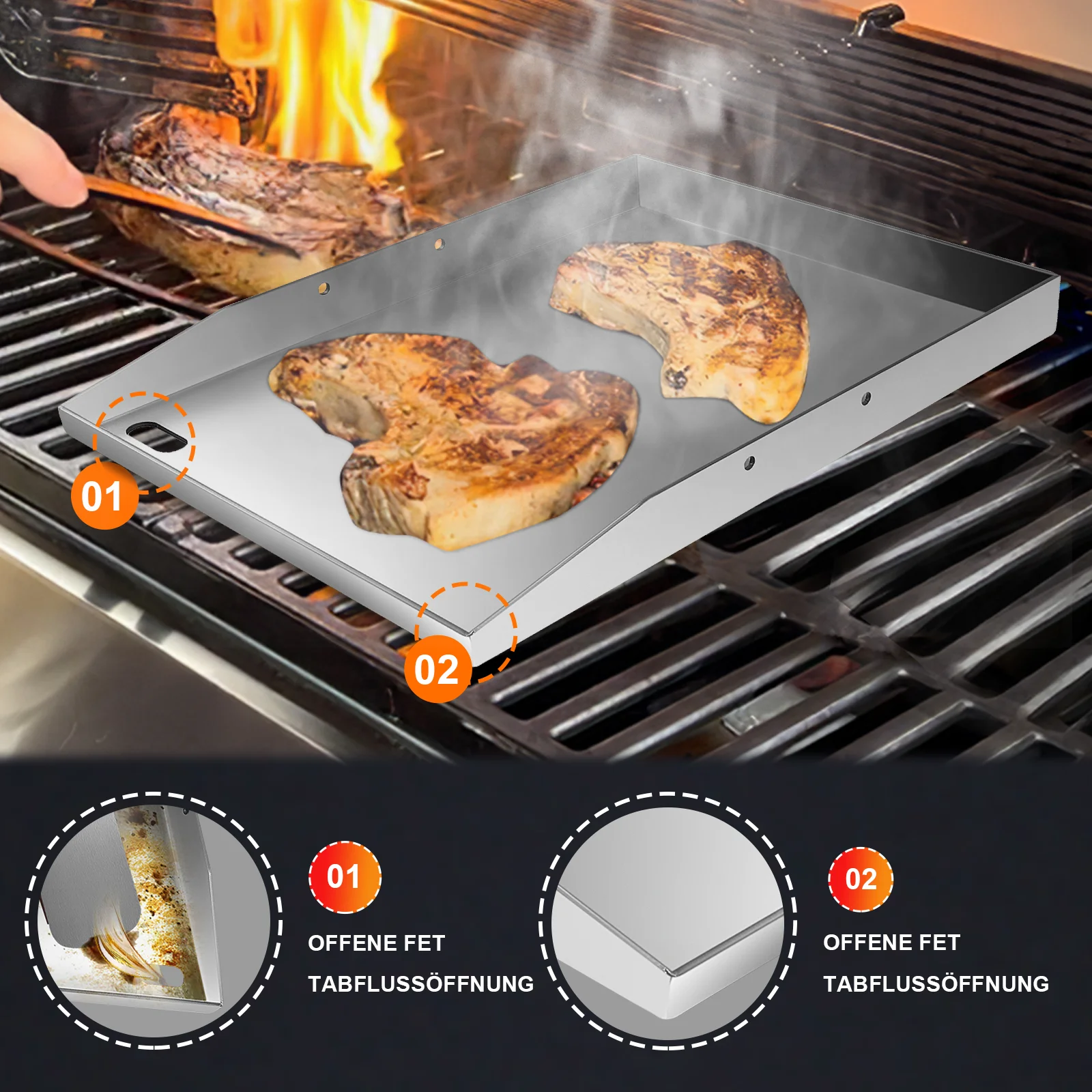 Plancha Grill Plate with 2 Grill Spatula Set 4mm Thick Stainless Steel BBQ with Removable Handles for Gas Grill & Charcoal Grill