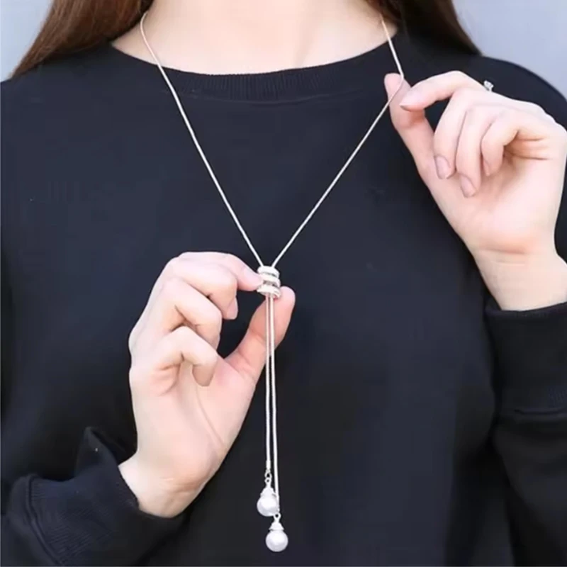 

New Classic Women Snake Chain Adjustable Pendant Necklace Flower Zircon Necklace Female Long Winter Sweater Chain Accessories