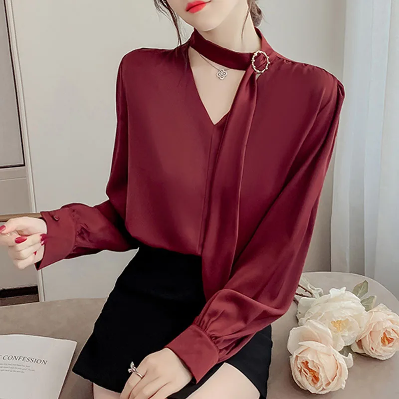 Blusas Mujer De Moda 2022 Verano Elegantes White Long Sleeve Blouses Chiffon Vetement Femme Chiffon V-Neck Wine Red Beading Tops