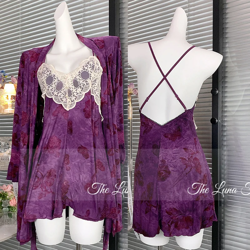 

Purple Velvet Robe Lady Sexy Patchwork Lace Lingerie Suit Backless Chemise Sleepwear Soft Pijama Mujer Autumn Winter Nightwear