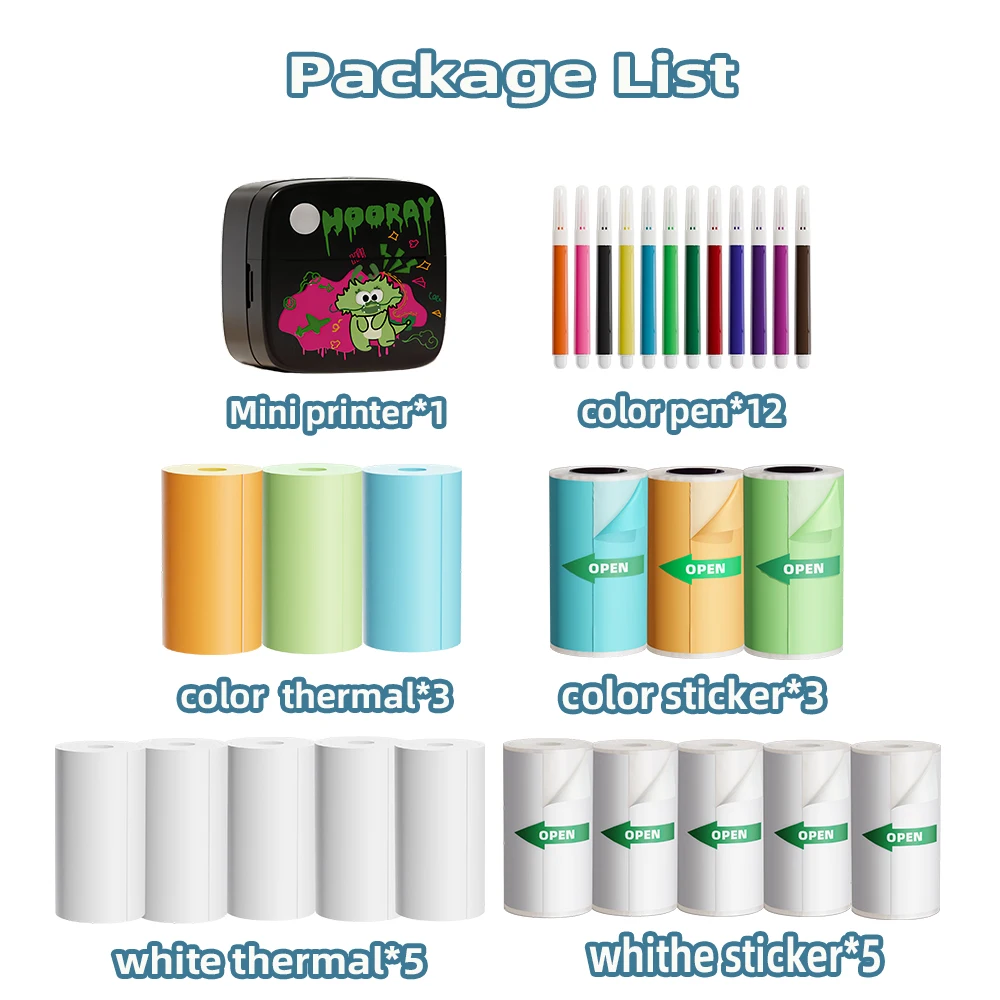 Mini Printers 16 Roll Kit 8 Roll Thermal Paper 8 Roll Sticker Paper Portable Label Maker Printer for DIY Note Photo Printing