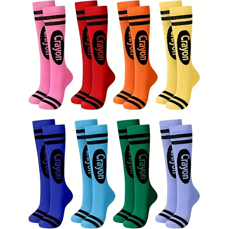 

8 Pairs Crayon Socks Colorful Striped OverKnee Long Socks Fashionable Novel Skin-Friendly Soft Fitted Socks for Women