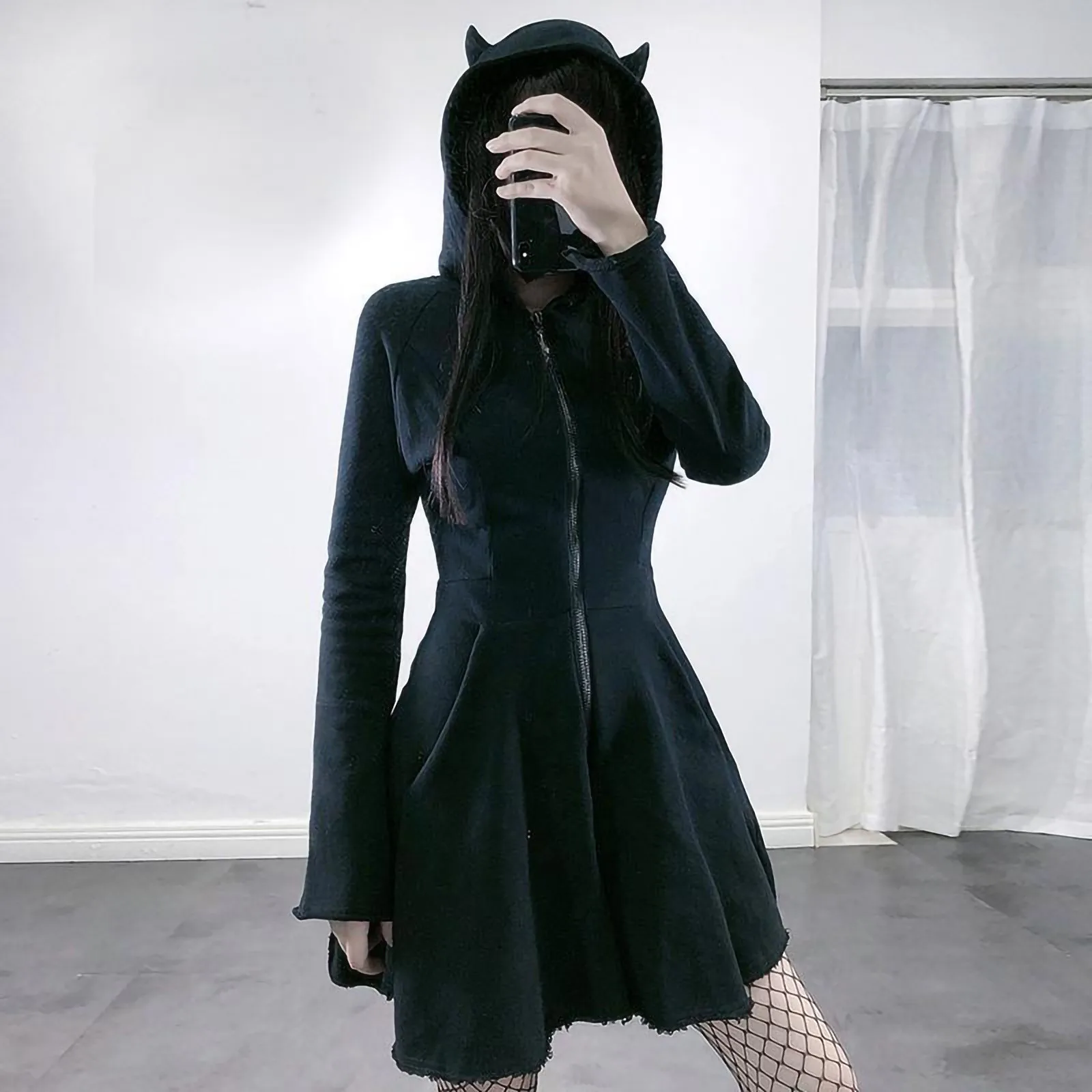 

Harajuku Gothic Hooded Dresses Halloween Renaissance Medieval Zip Up Long Sleeve Dress Vestido Punk Cosplay Victorian Dress