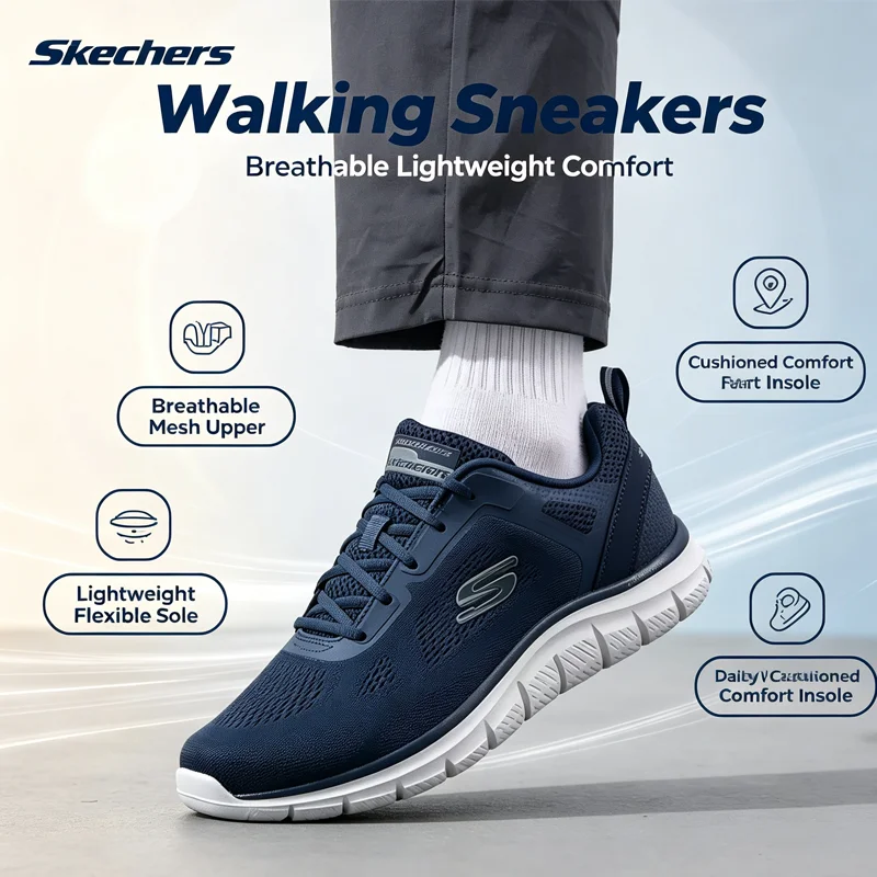 Skechers Men Walking Sneakers 232698‑NVY Navy Blue Breathable Mesh Lightweight Flexible Comfort Daily Casual Shoes