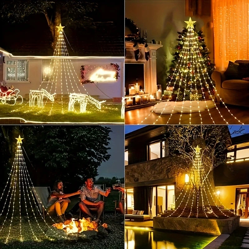 Christmas LED String Lights Outdoor Solar-Powered Waterfall Lights Tent Canopy Light Strings Decorative Hanging Lights.