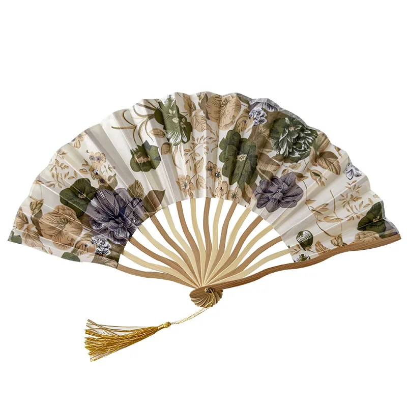 Chinese Style Women\'s 7 Inch Silk Folding Fan Keel Bamboo Fan Knife Fan Big Knife Fan Gift Show Dancing Fan