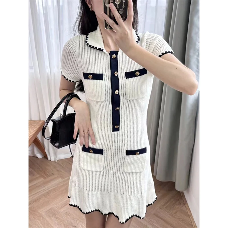 Self Crochet Knit Midi Dress Pocket Short Sleeves Stretch Slim Flared Hem Skirt 2024 Summer Luxury Brand Portrait Dress Clothing