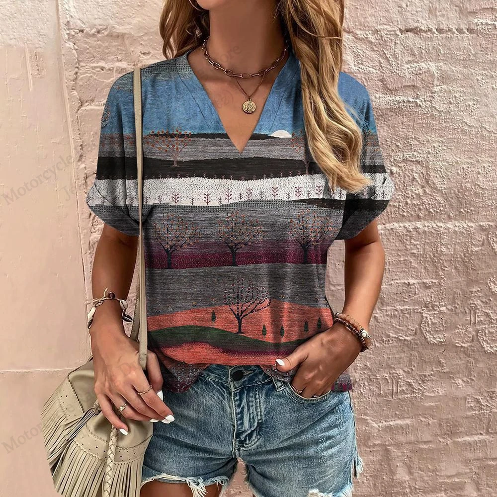 

Vintage Striped Scenery Pattern 3d Print T-shirt Women Fashion V-Neck Oversized Harajuku Short Sleeve Tops Tees Womens Clothing