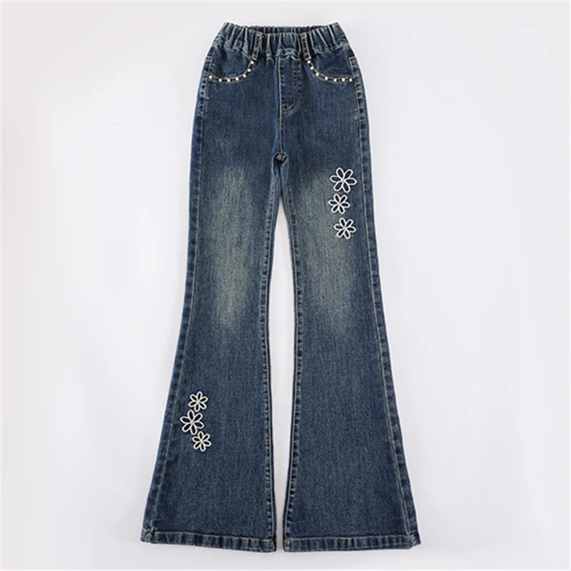 جينز بناتي أمريكي عالي الشارع مع زهرة للأطفال الصغار لربيع الخريف بتصميم عتيق y2k سروال دينم بقصة ضيقة