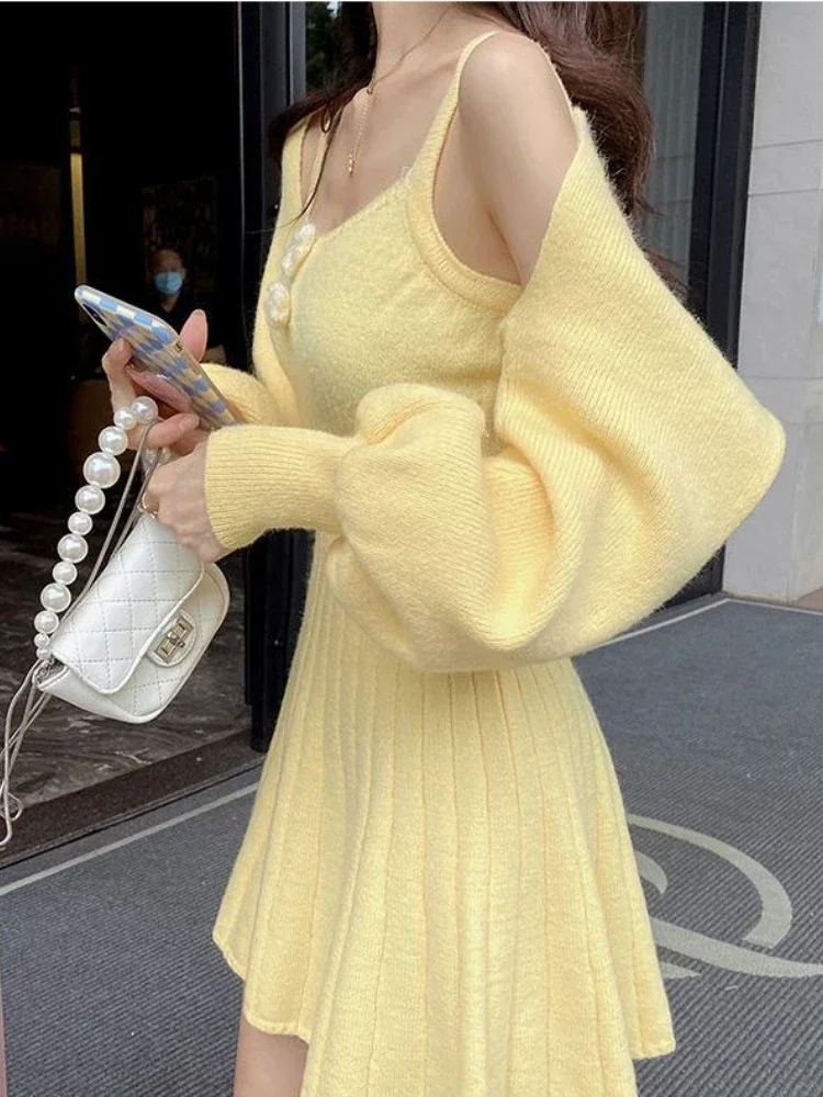 New Autumn Winter Sweet Knitted Two Piece Dress Set Women Casual Coat+Strap Dress Set Female Korean Style Solid Dress Suit