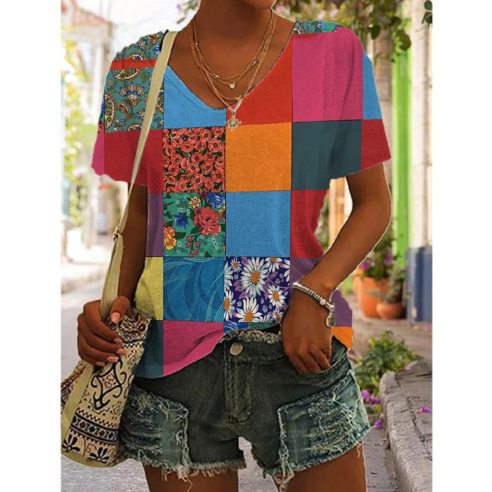 Women\'s Patchwork Print T-Shirt Boho Short Sleeve Top Summer V-Neck Loose Sweater Harajuku Streetwear T-Shirt