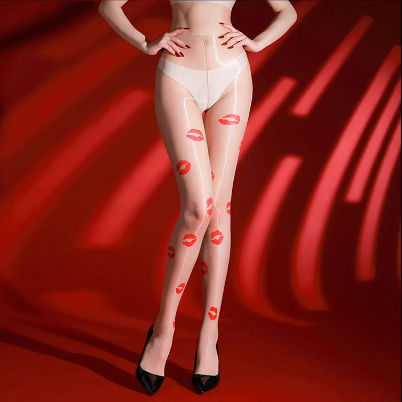 Women‘s Ultra thin Sexy Red Lip Print Oil Shiny See Throug Stockings Seamless Open Crotch See Throug Pantyhose Party Club Wear
