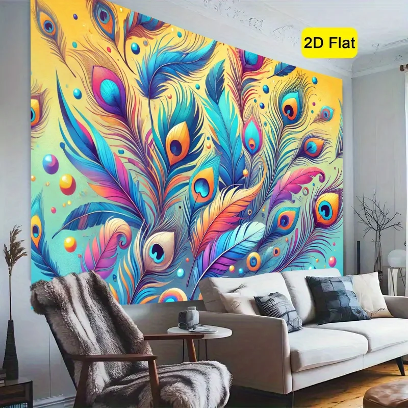 Colorful Peacock Feather Tapestry Abstract Boho Wall Hanging Psychedelic Art Decor Vibrant Mandala Textile, Trippy Room Backdrop