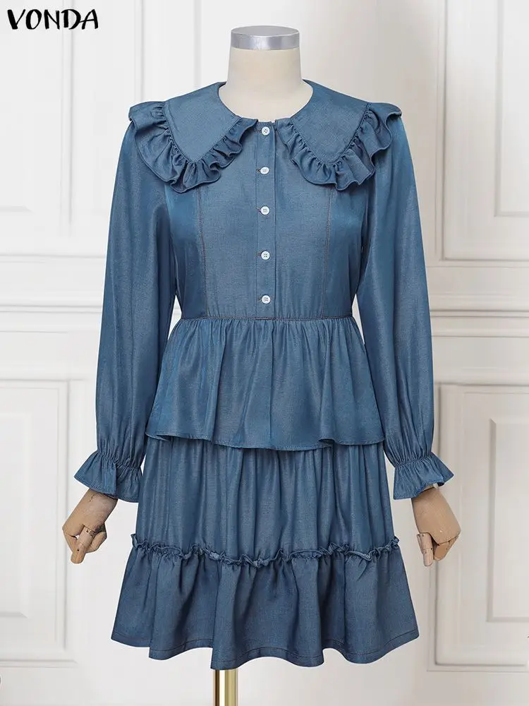 VONDA Fashion Shirt Dresses Women Long Sleeve Peter Pan Collar Elegant Party Vestidos Autumn Ruffled Casual Sundress Streetwear