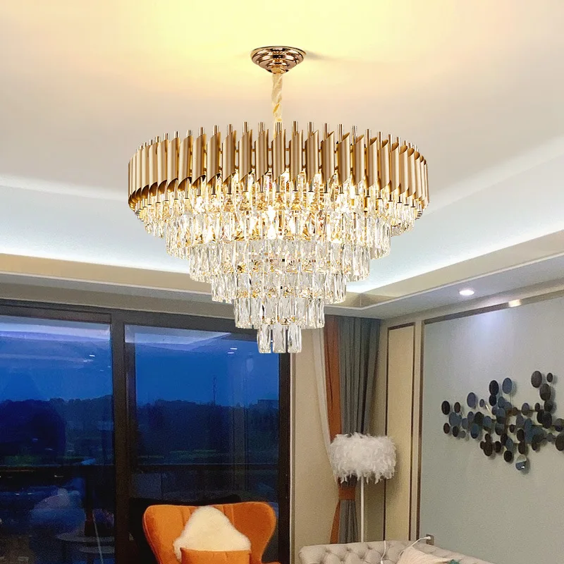 Modern Crystal Chandelier Lights Lamps Gold Black Hanging Ceiling Round Lighting Fixtures Restaurant Dining Living Room Bedroom