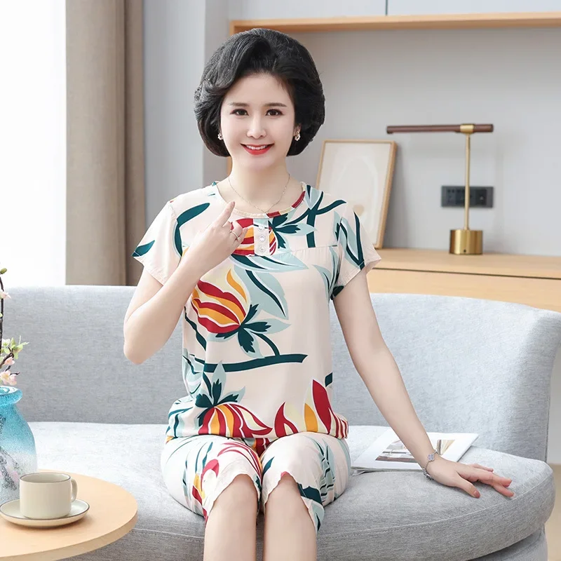 

Summer Cotton Sleepwear Women Pajama Sets Short Sleeve Tops Shorts Printed Loungewear Two-piece Sets Nightwear Thin Loose New