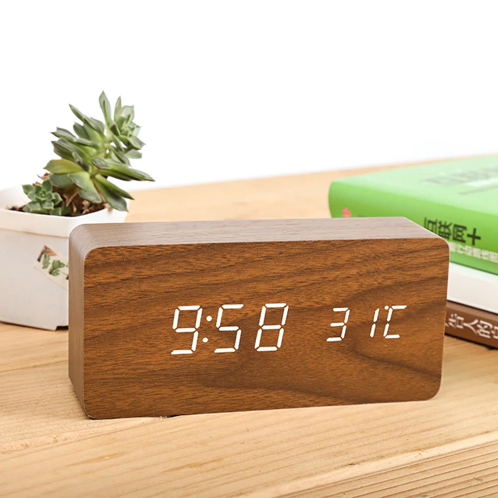 

Modern Wooden Led Alarm Clock Calendar Thermometer Voice Control Eco-Friendly Bamboo Silent Usb Powered Bedside Clock For Home