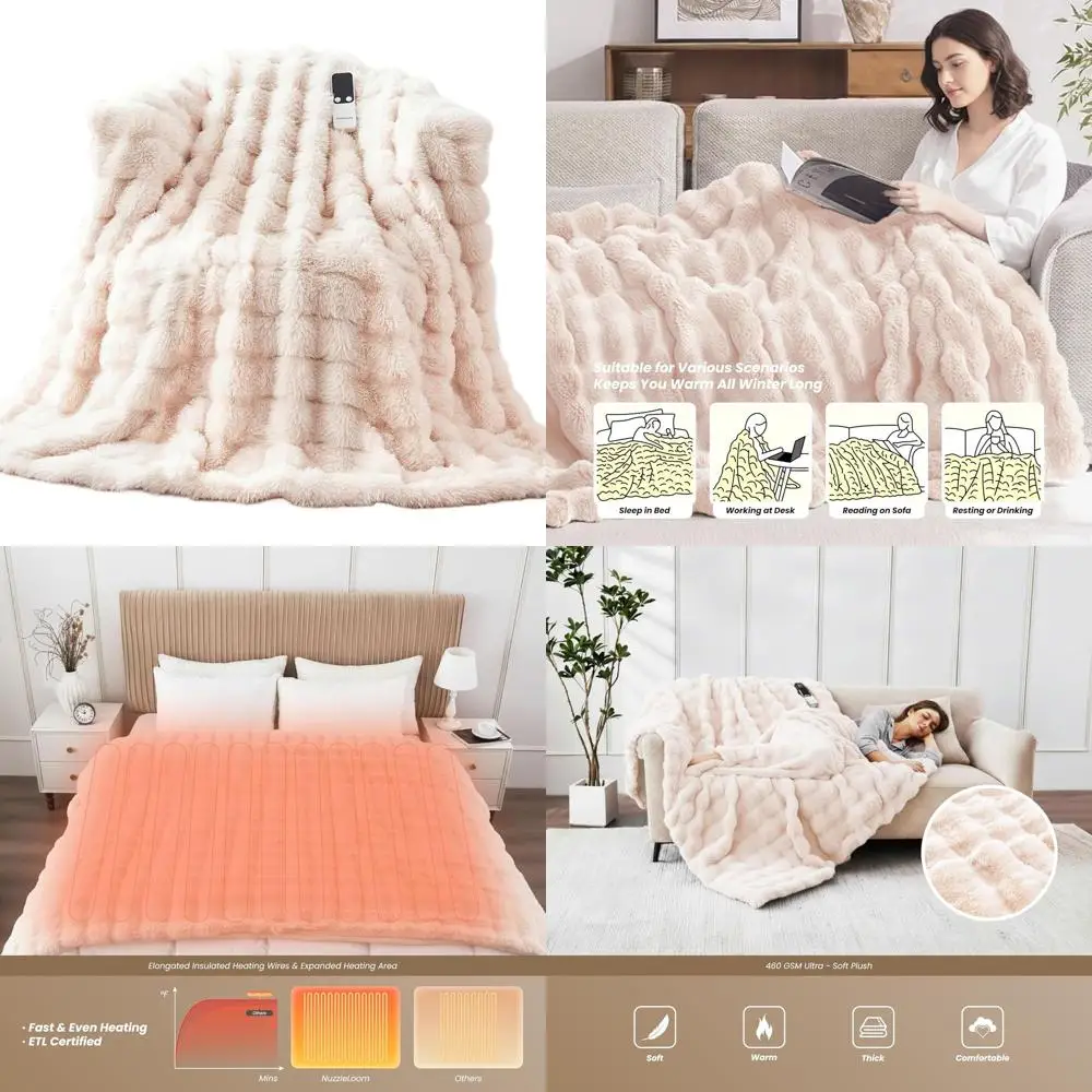 

Электрическое одеяло двойного размера 62x84 с 5 настройками нагрева, автоматическим отключением, защитой от перегрева, сверхмягким искусственным кроликом, можно стирать в машине