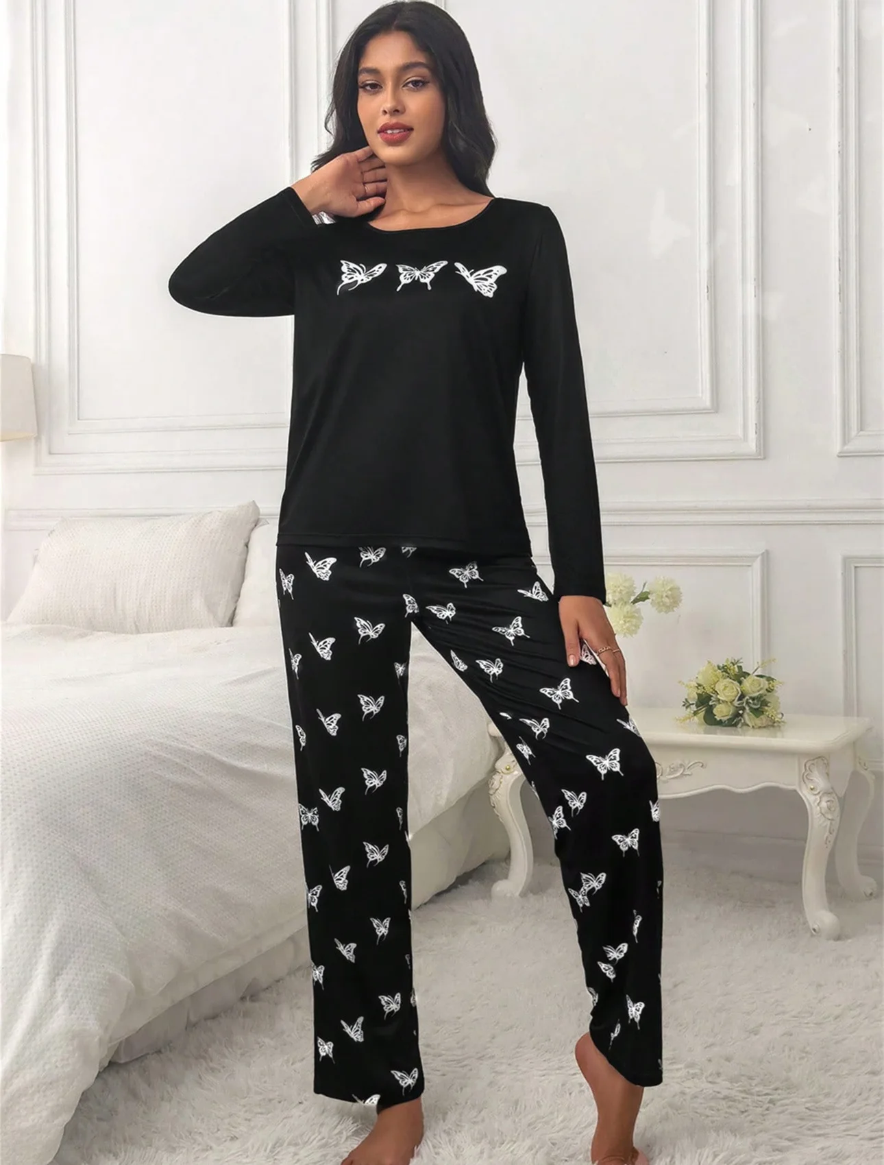 Autumn Women Pajamas Set Faux Cotton Long Sleeve Sleepwear Eyelash Butterfly Print T-Shirt with Trouser Loungewear Female Pyjama