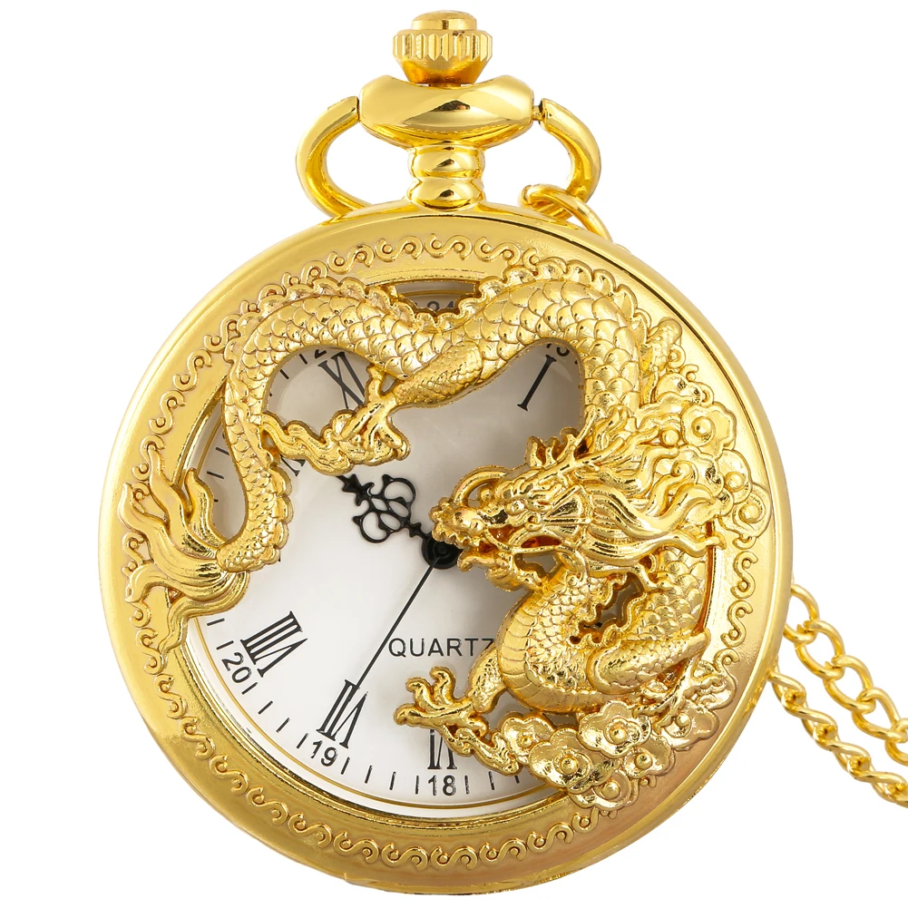 

Vintage Gold/Black Dragon Pocket Watches Men Women Necklace Watch Roman Numerals Quartz Analog Retro Timepiece Gift New