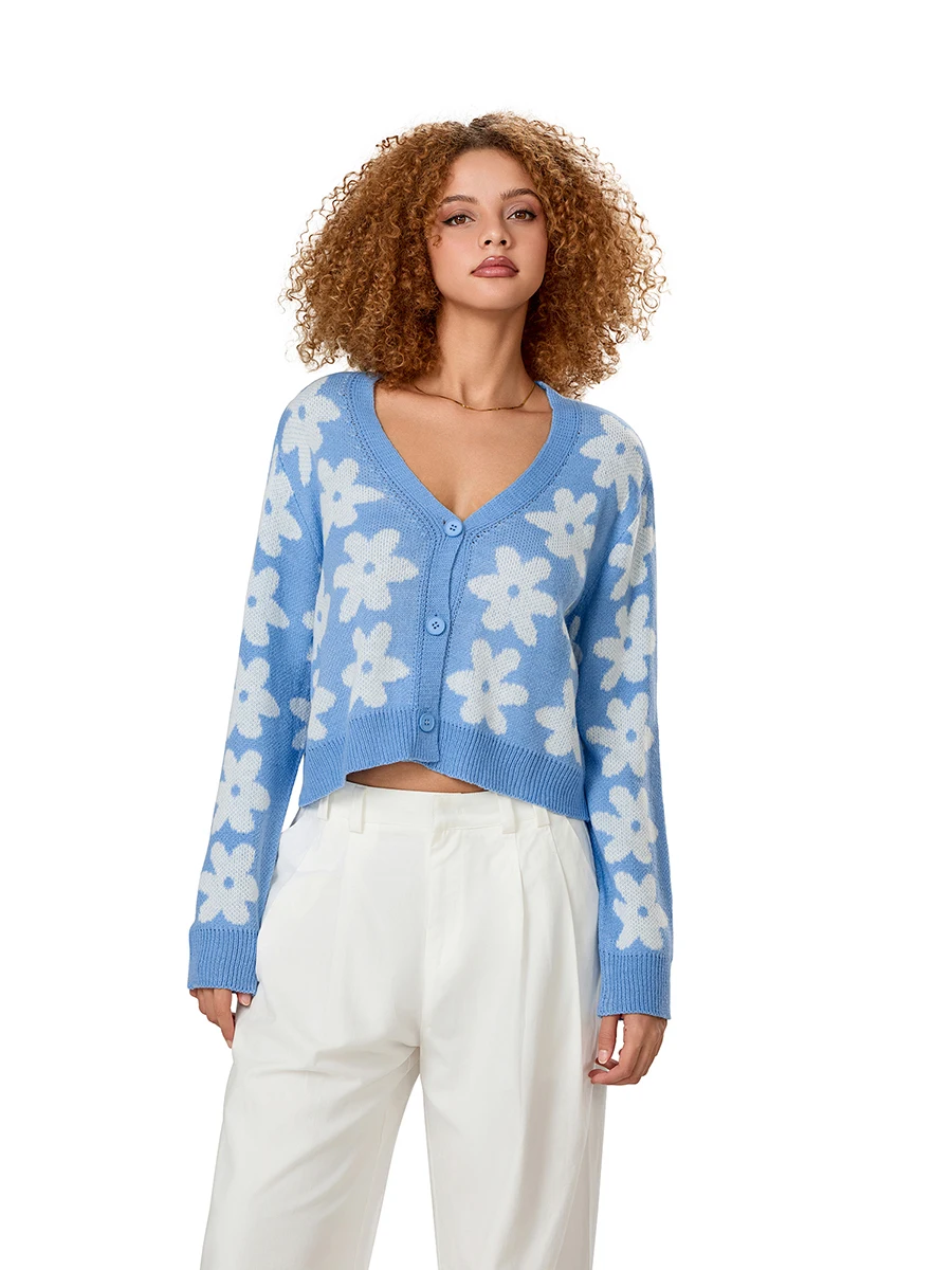 Cardigan en tricot boutonné pour femme, manches longues, col en V, pull à imprimé floral, vêtements d'extérieur à la mode