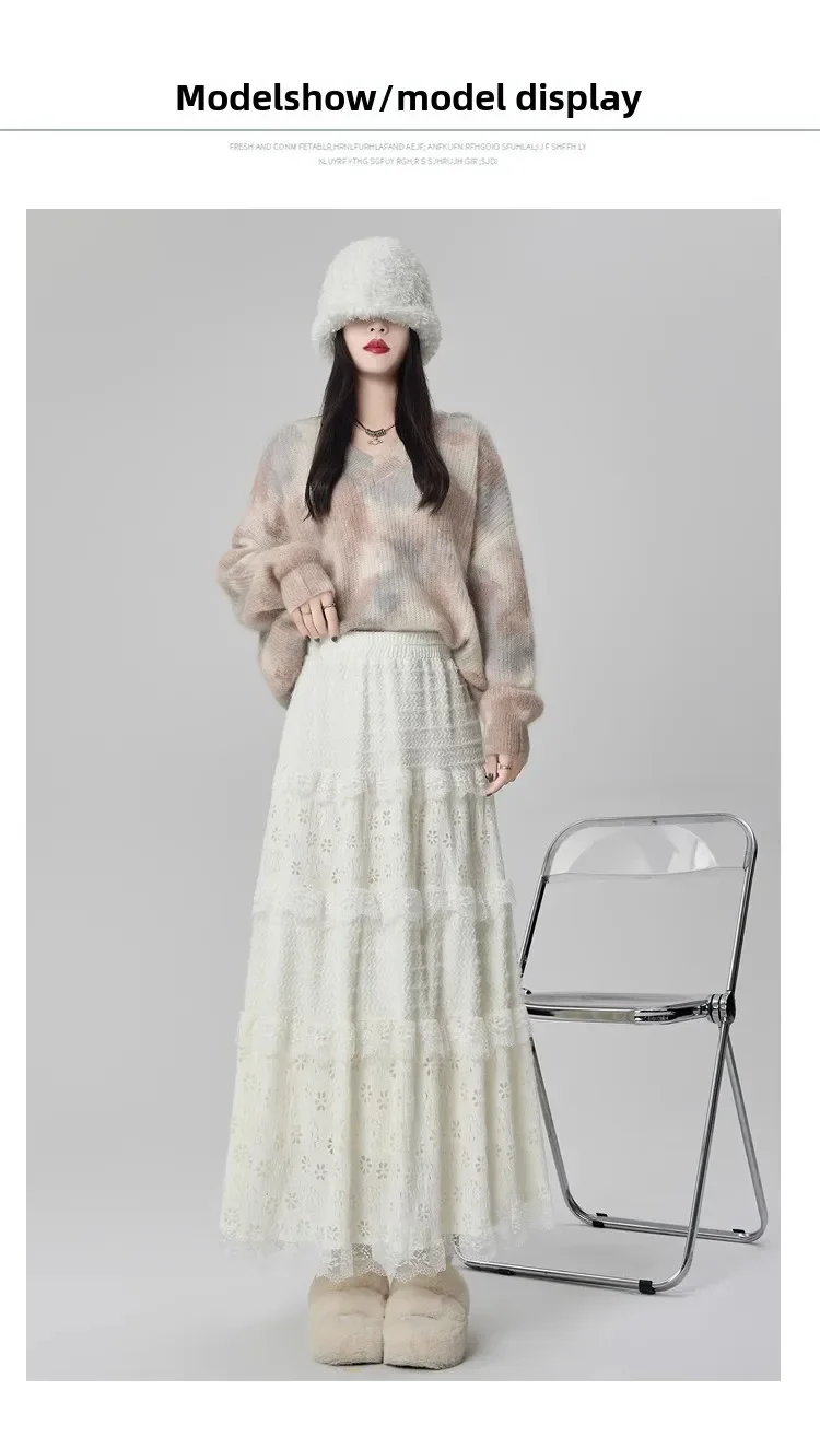 Gentle Wind High Waist A-Line Lace Splicing Long Skirt Women's Fairy Tale Cake Skirt Mid-Length Midi Skirt for Autumn Winter