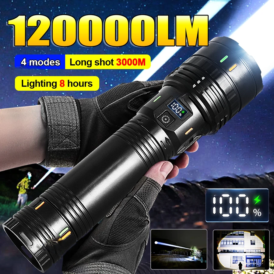

2025 New Strong Light Rechargeable LED Flashlight High Power Long Range 3000M Zoom Tactical Torch Camping Fishing Hunting Lamp