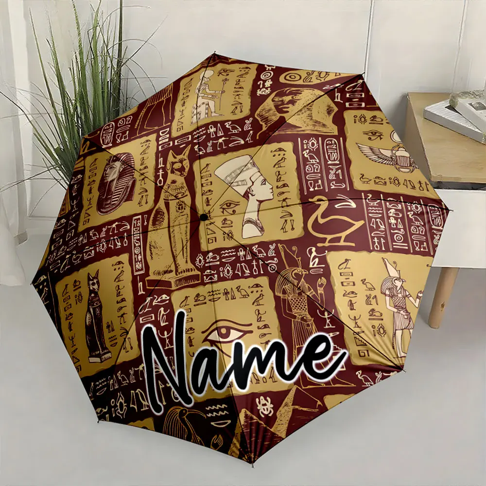 Custom Name Ancient Egyptian-Inspired Umbrella Design 8 Iron Ribs Folding Umbrella Auto-Open Fashionable Sunshade Deluxe Gift