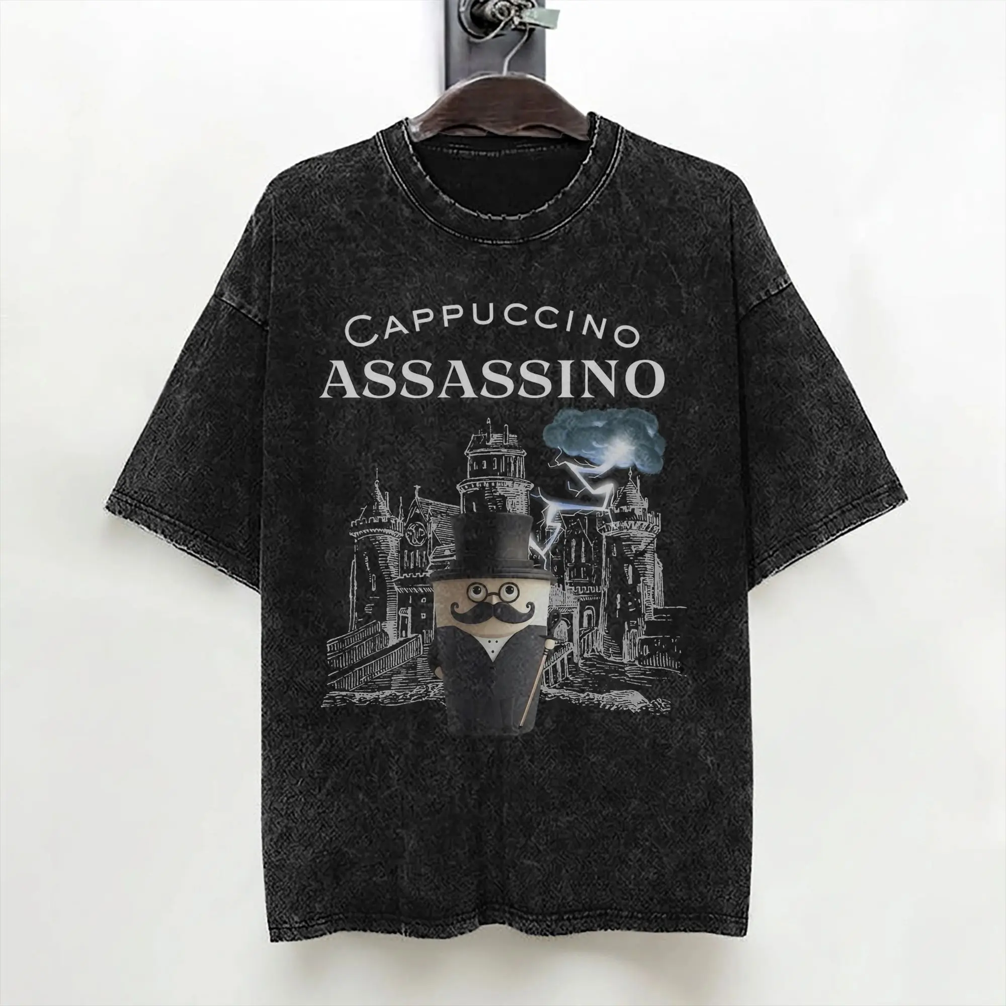 Washed T Shirt Cappuccino Assassino Coffee Lover Hip Hop Retro T-Shirts Oversize Italian Brainrot Streetwear Cotton Tees Men