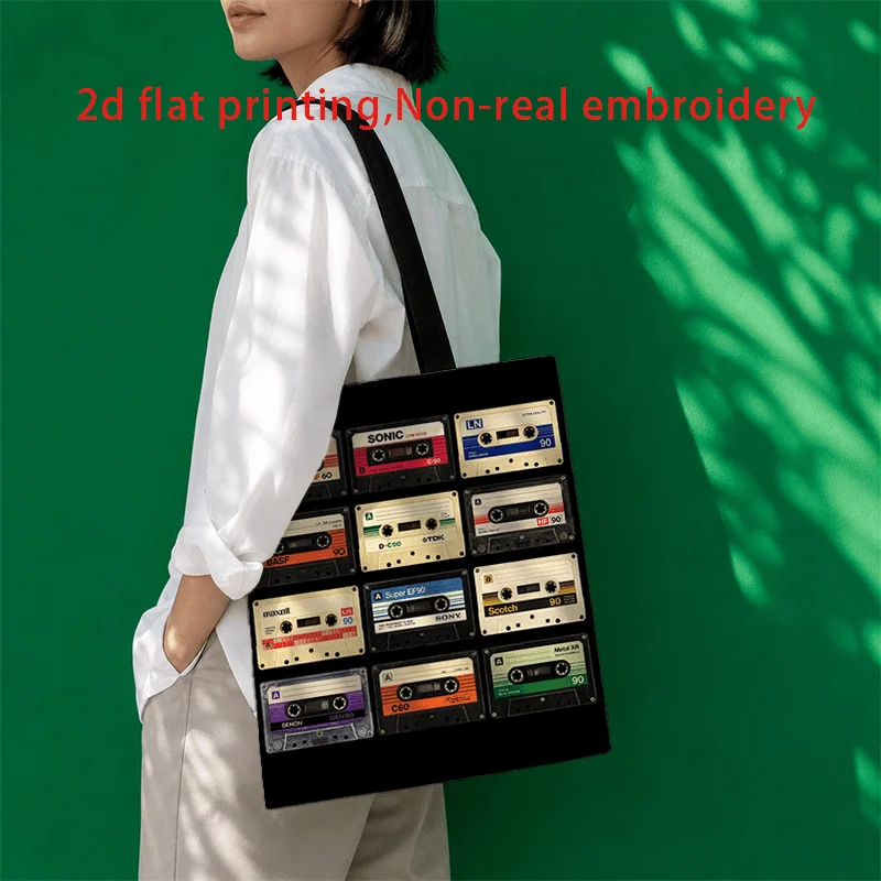 1pc, 2D Flat Printing, Retro Cassette Tape Print Tote Bag, Beach Vacation Daily Commute Practical Style, Double-Sided Printing,