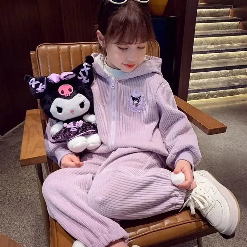 Anime Sanrios Kuromi meine Melodie Kinder lässig Fleece Sweatshirt Anzug Mädchen Mode Sportswear Kapuze Sweatshirt Tops Hosen zweiteilig