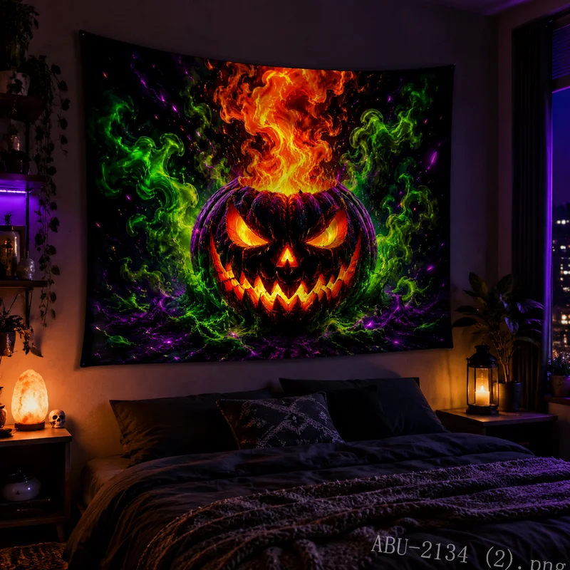 VIKAMA Psychedelic Jack O Lantern Tapestry Green Purple Flame Gothic Halloween Bedroom Wall Hanging Decor, Home Decor
