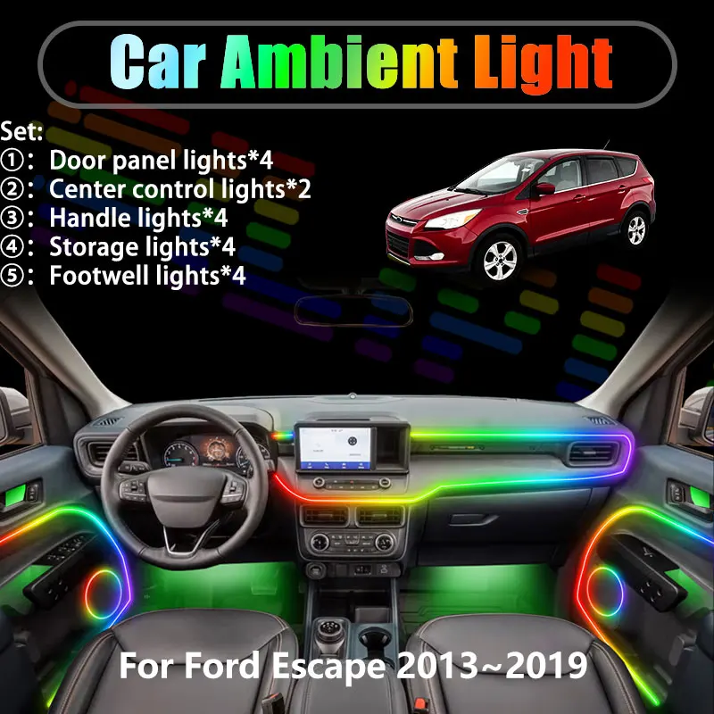 Для Ford Escape 2013~2019, Kuga MK3 2014-2018: Комплект светодиодной подсветки салона и багажника (2/18 LED), USB RGB, с эффектом бегущих огней